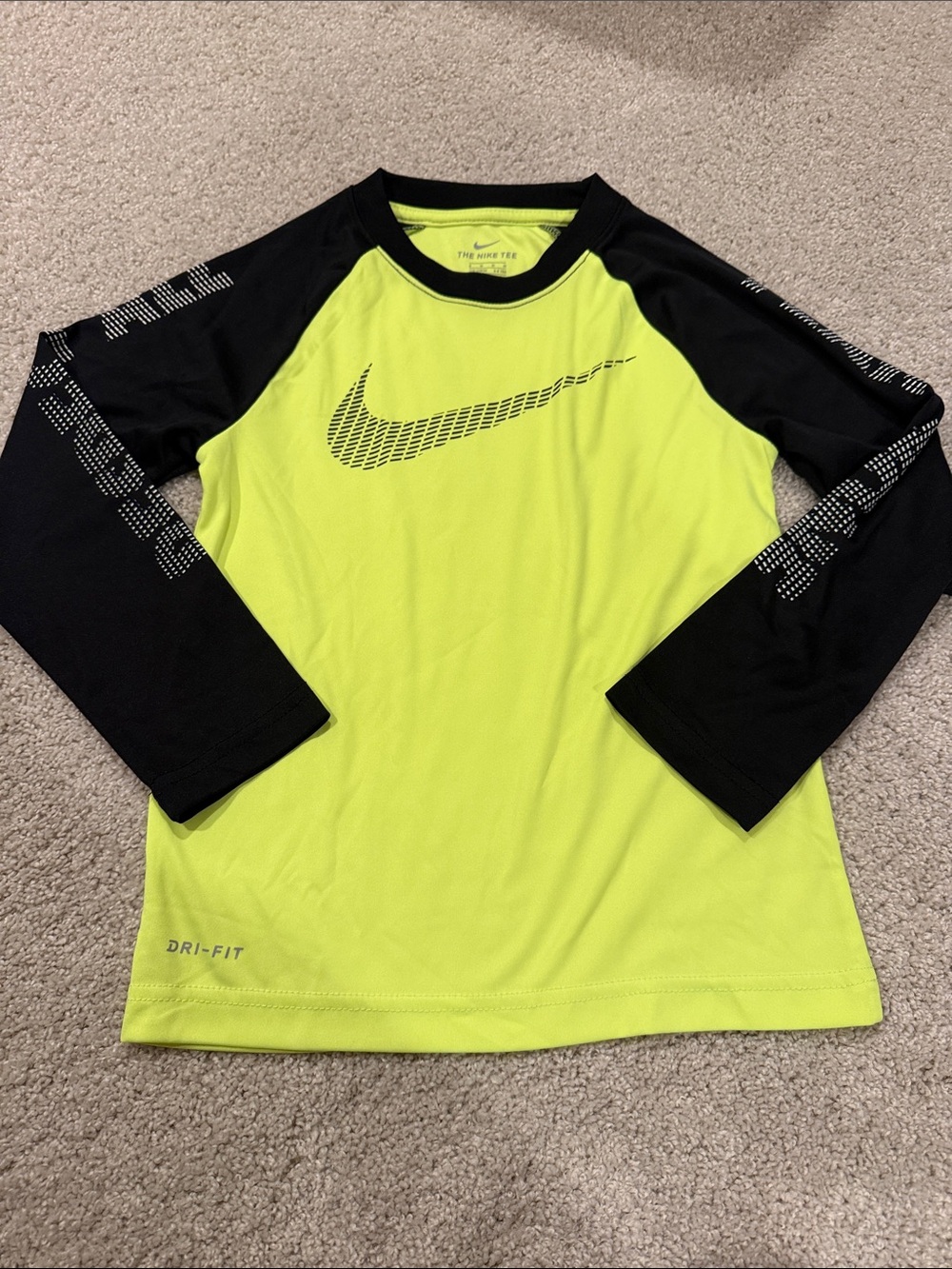 Nike Dri Fit Neon Yellow and Black Long Sleeve Dri-FIT Tee, kids size 5